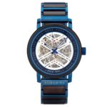 Montre En Bois Et Métal Bleu Avec Cadran Squelette Et Incrustations En Bois – BluScheletro